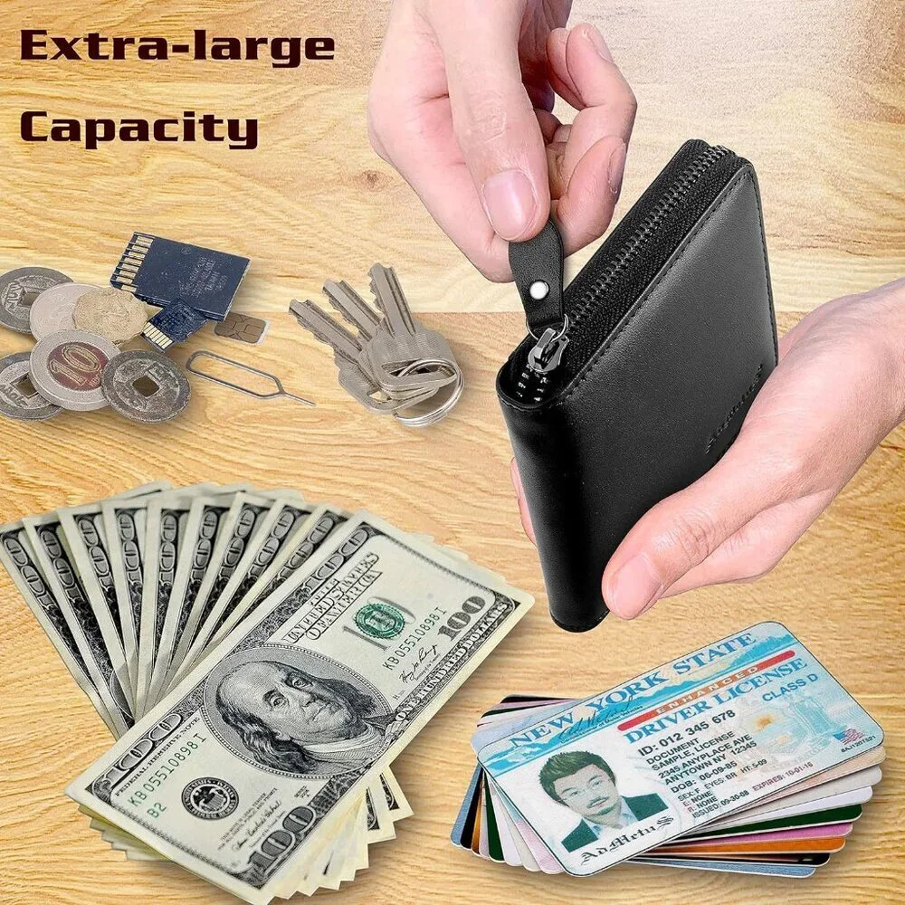Men's Genuine Leather Black-19 Short Zip Around Pockets Bifold Wallet Card